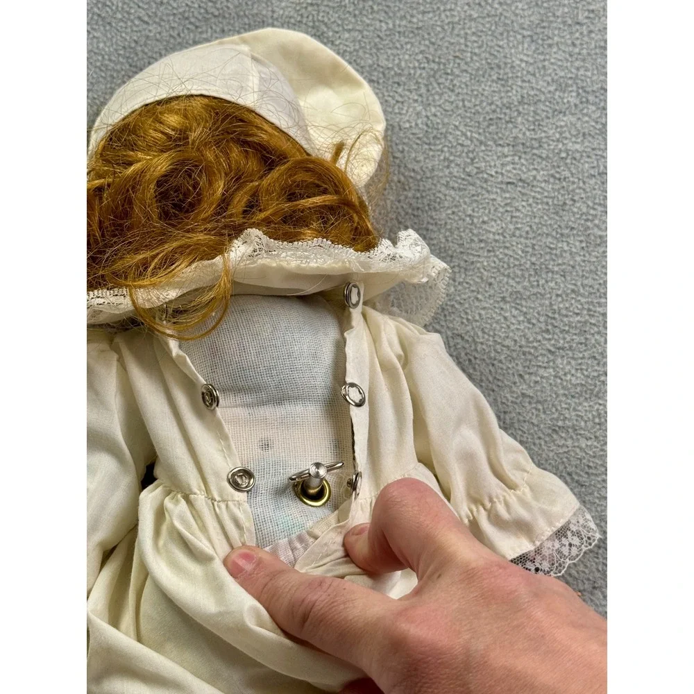 Vintage Musical Porcelain Doll Auburn Hair Lace Dress Bonnet Victorian Style
